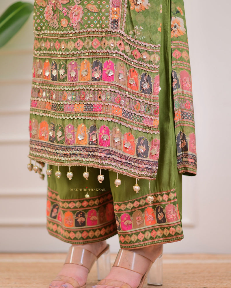 Mehendi Green Handwork Patchprint Palazzo Suit