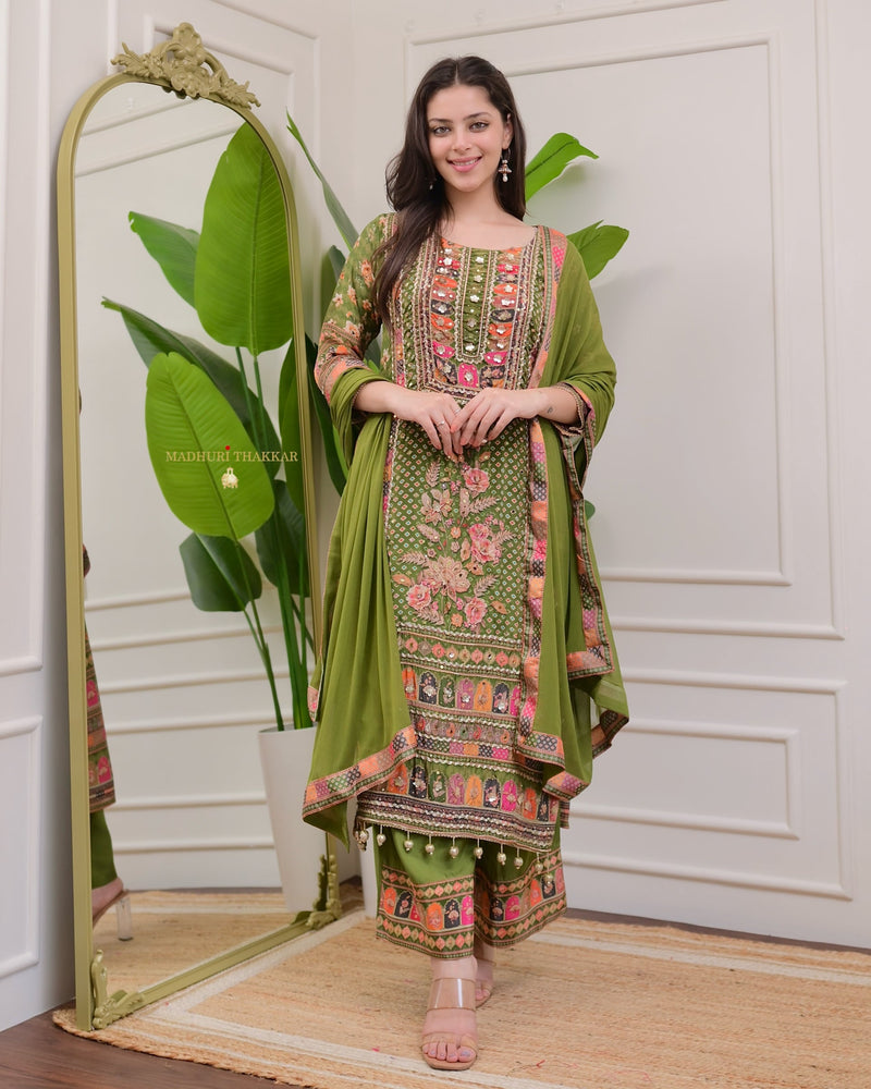 Mehendi Green Handwork Patchprint Palazzo Suit