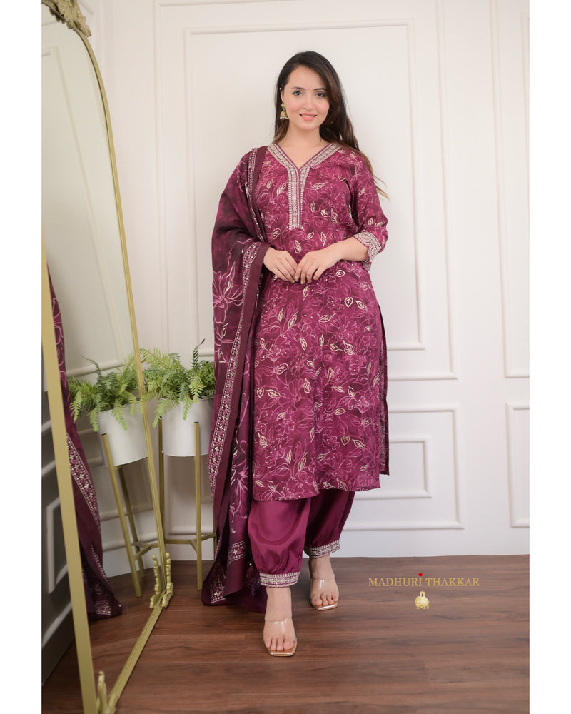 Magenta Festive Muslin Afghani Suit