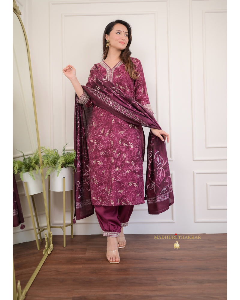 Magenta Festive Muslin Afghani Suit