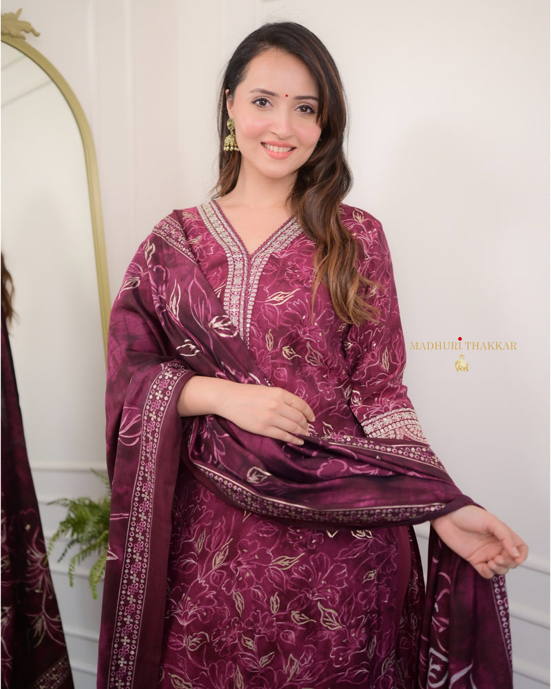 Magenta Festive Muslin Afghani Suit