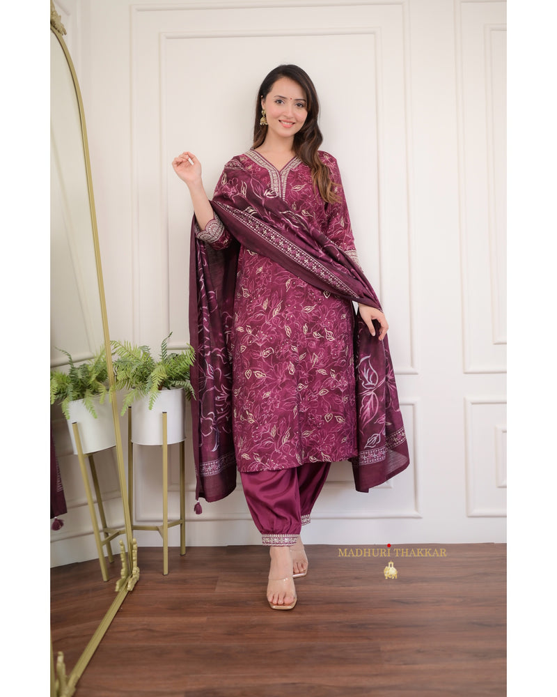 Magenta Festive Muslin Afghani Suit