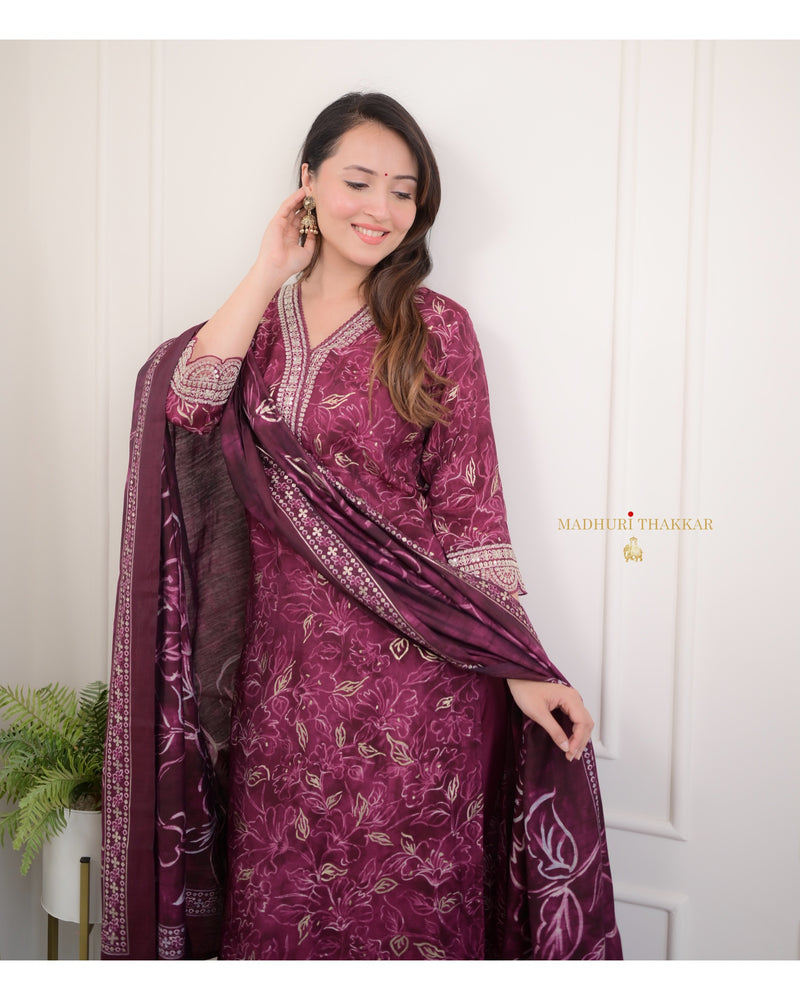 Magenta Festive Muslin Afghani Suit