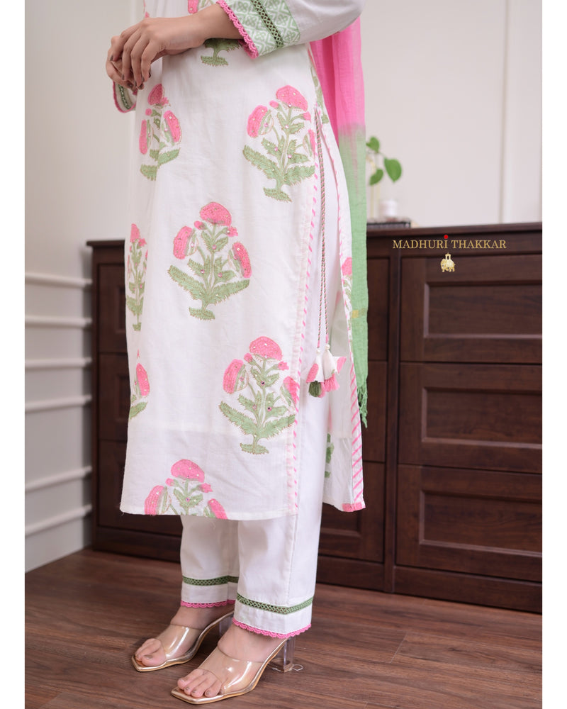 White Pink Floral Chanderi Cotton Suit