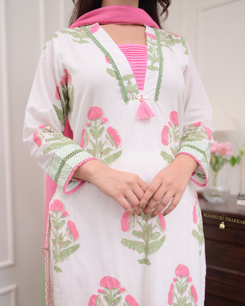 White Pink Floral Chanderi Cotton Suit