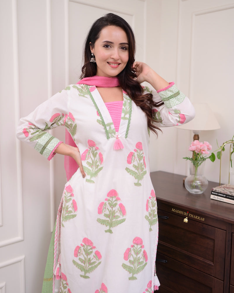 White Pink Floral Chanderi Cotton Suit