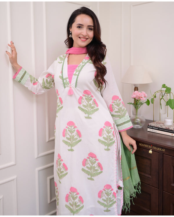 White Pink Floral Chanderi Cotton Suit