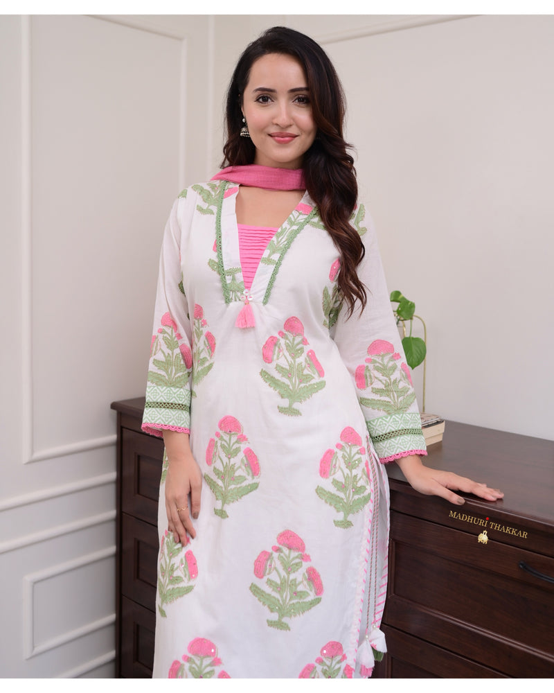 White Pink Floral Chanderi Cotton Suit