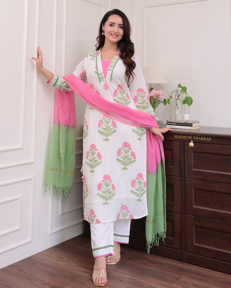 White Pink Floral Chanderi Cotton Suit