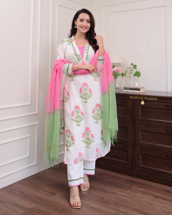 White Pink Floral Chanderi Cotton Suit