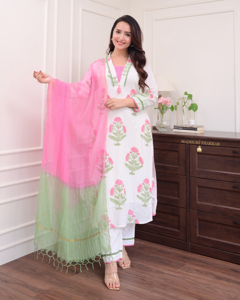 White Pink Floral Chanderi Cotton Suit