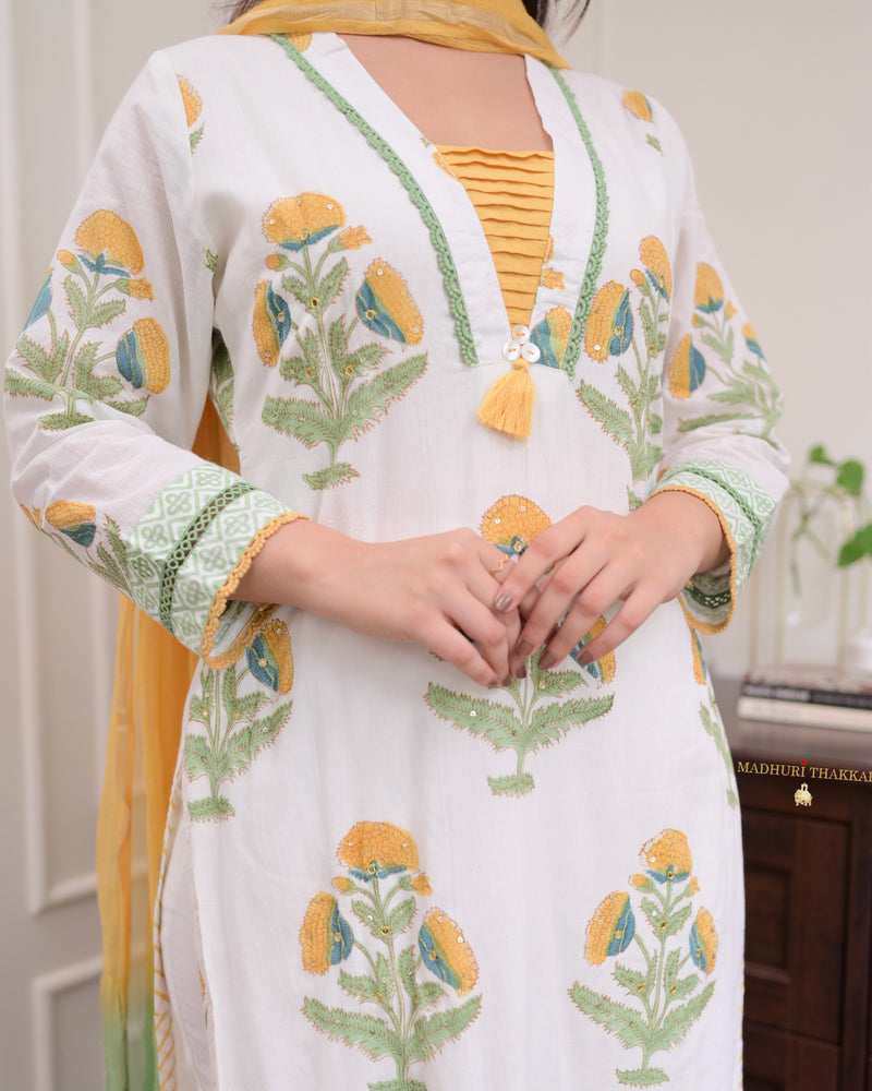 White Yellow Floral Chanderi Cotton Suit