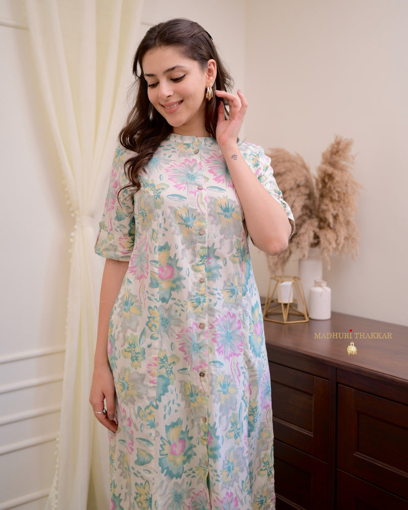 Powder Blue Floral Cotton A Line Kurta Set