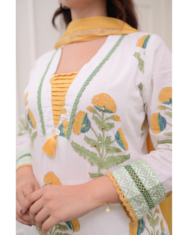 White Yellow Floral Chanderi Cotton Suit