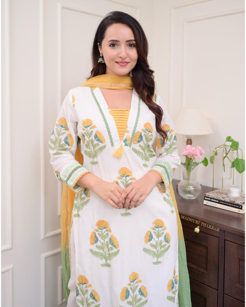 White Yellow Floral Chanderi Cotton Suit