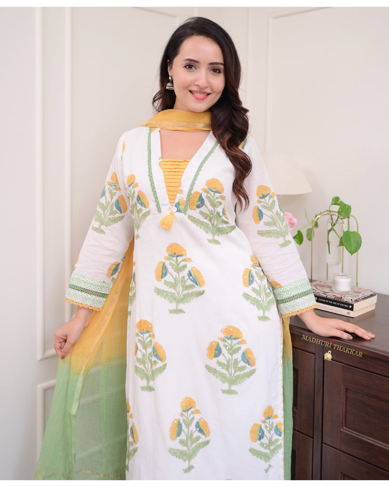 White Yellow Floral Chanderi Cotton Suit