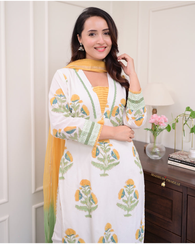 White Yellow Floral Chanderi Cotton Suit