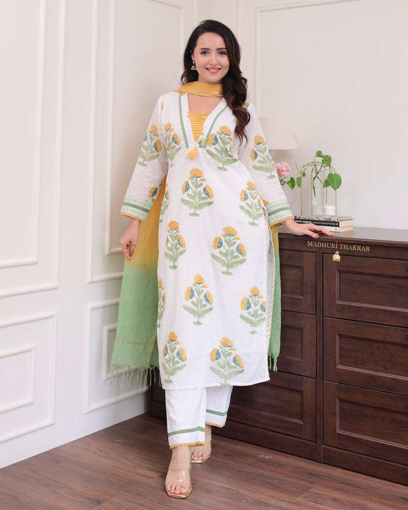 White Yellow Floral Chanderi Cotton Suit