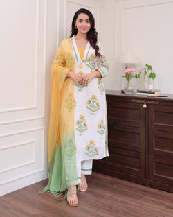 White Yellow Floral Chanderi Cotton Suit