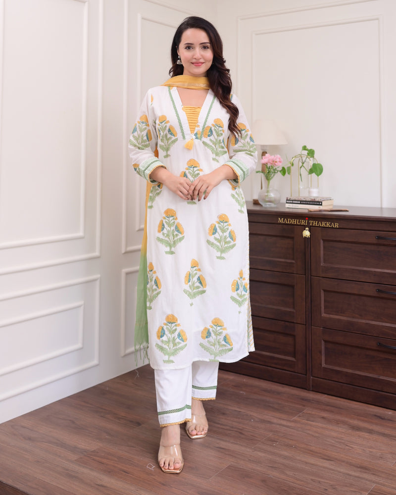 White Yellow Floral Chanderi Cotton Suit