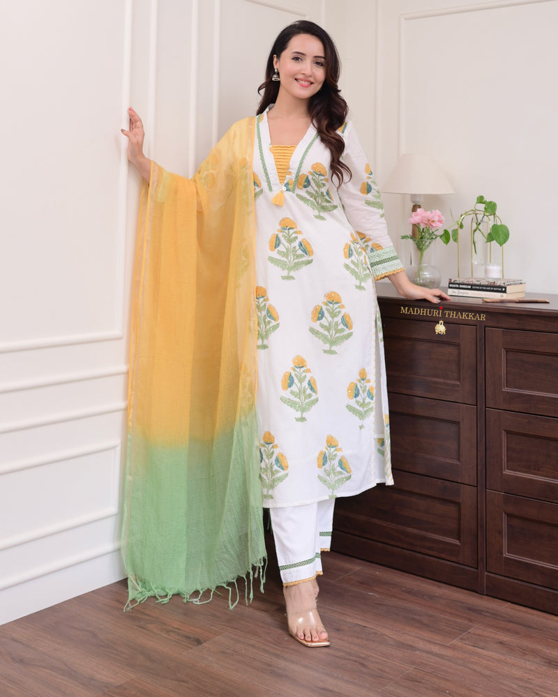 White Yellow Floral Chanderi Cotton Suit