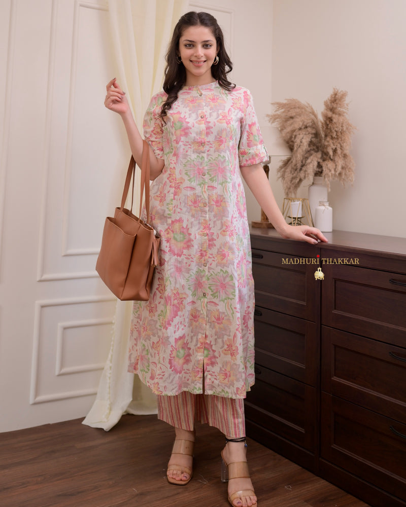 Baby Pink Floral Cotton A Line Kurta Set