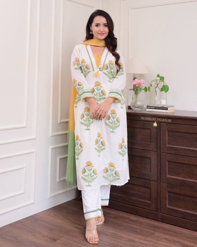 White Yellow Floral Chanderi Cotton Suit