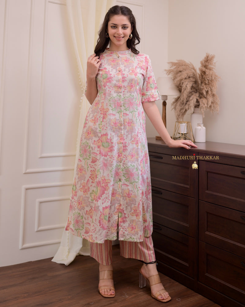 Baby Pink Floral Cotton A Line Kurta Set