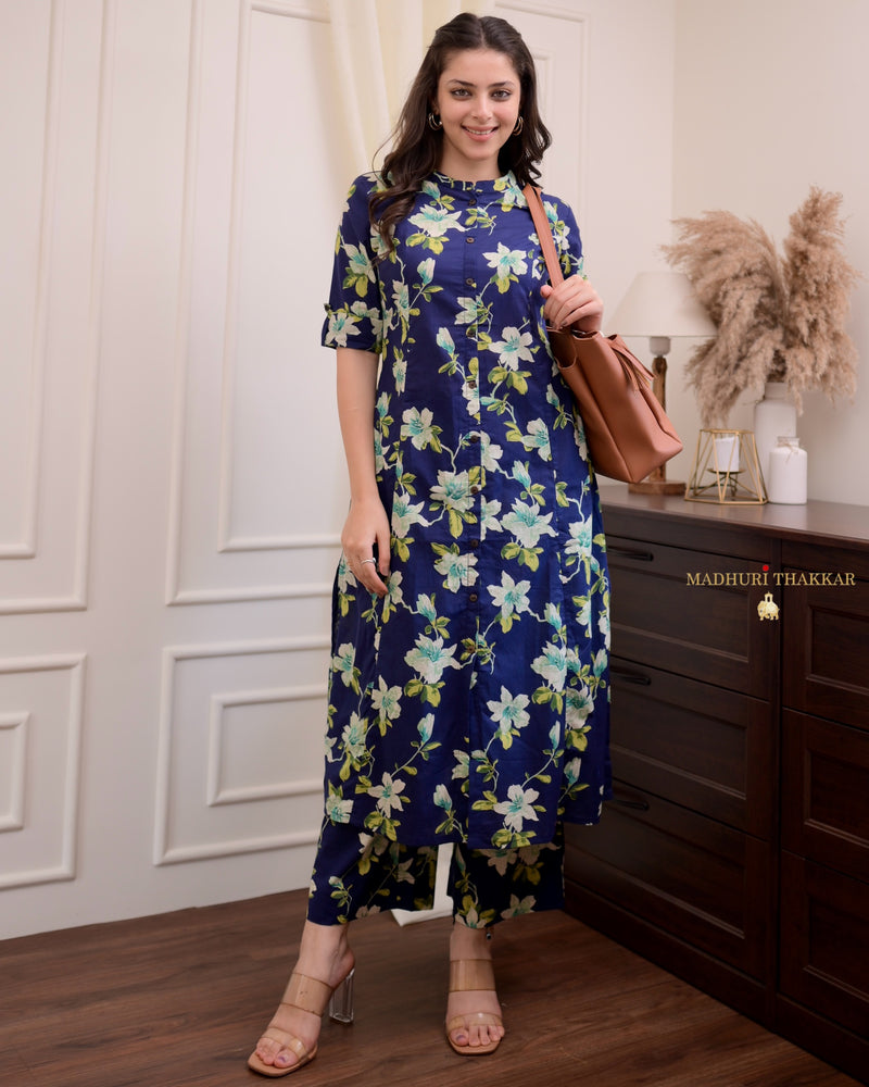 Indigo Blue Floral Cotton Kurta Set