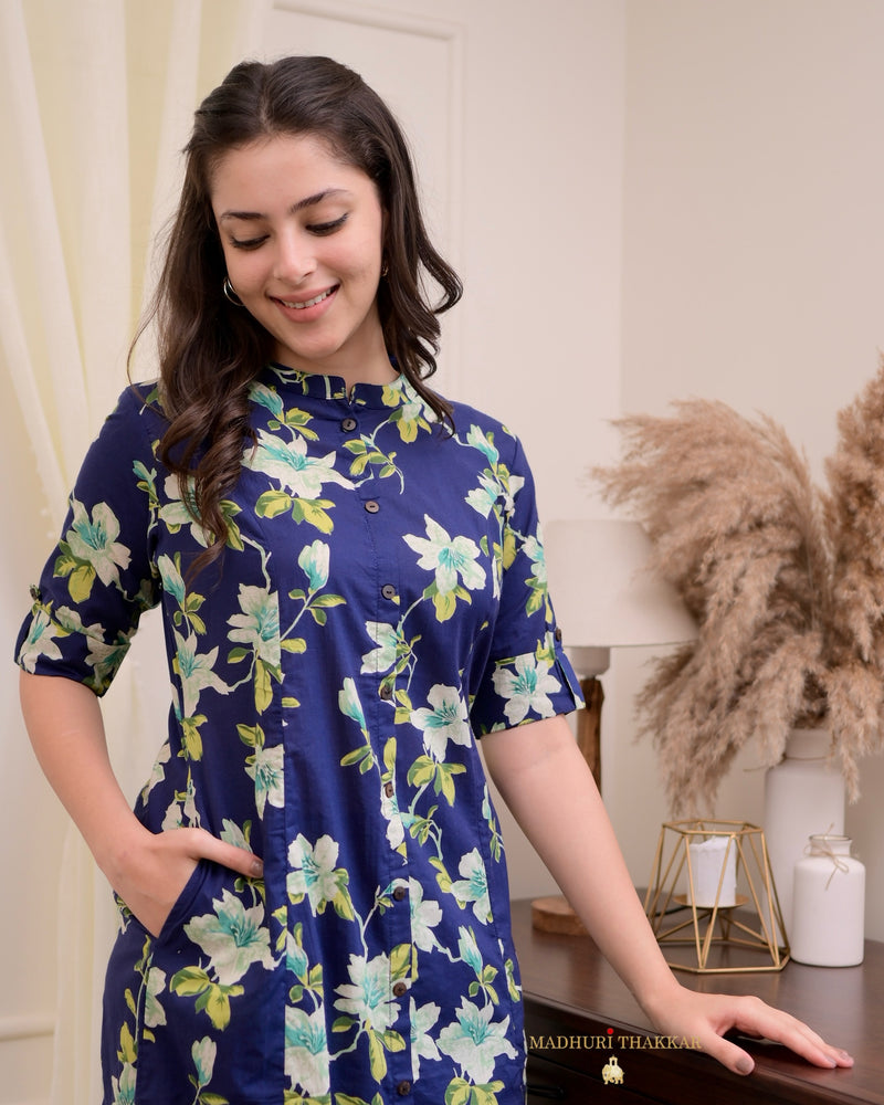 Indigo Blue Floral Cotton Kurta Set