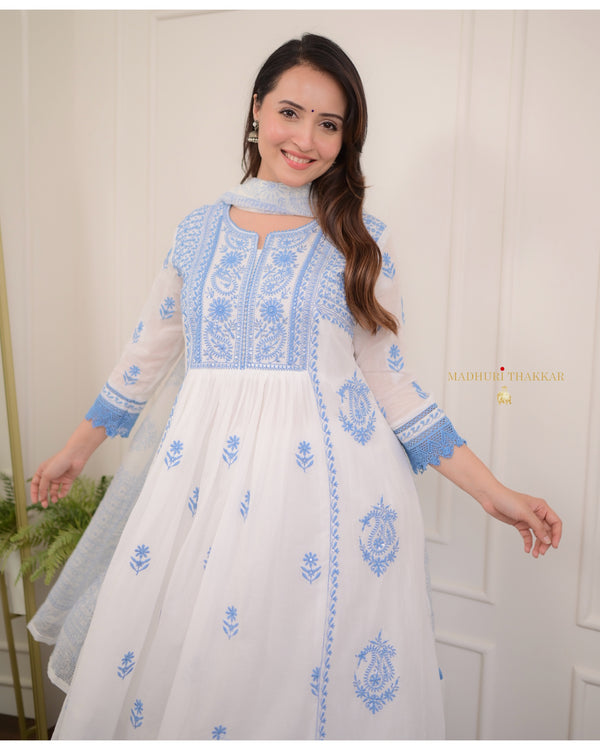 White Blue Chikankari Mul Cotton Anarkali Suit