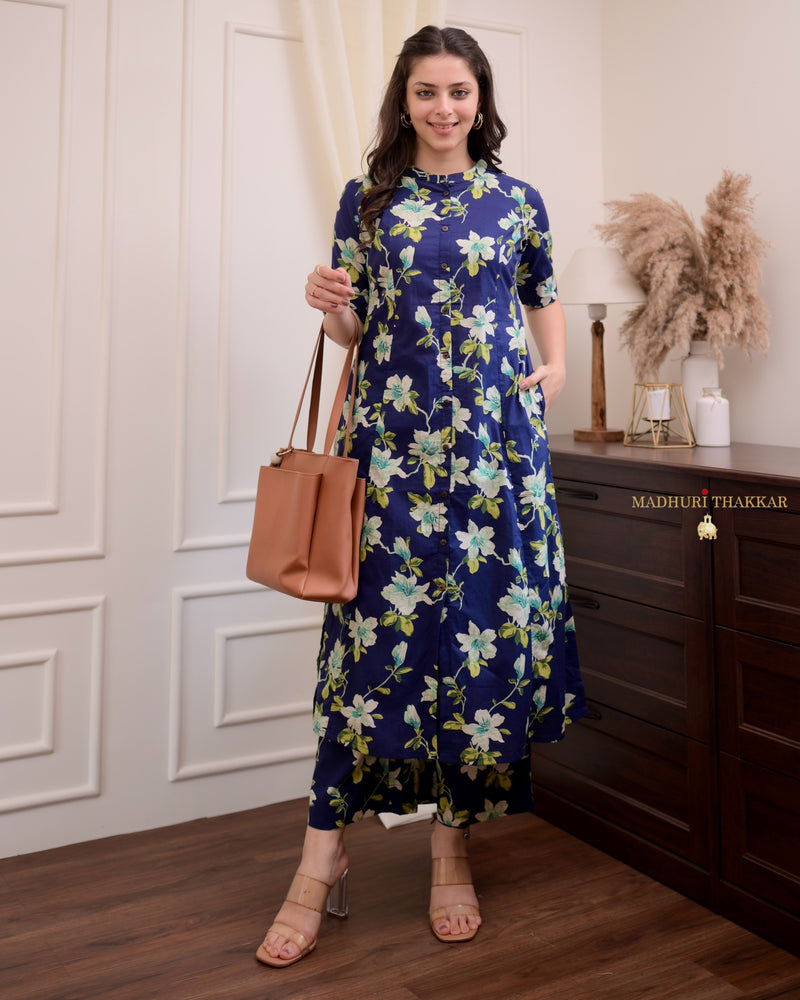 Indigo Blue Floral Cotton Kurta Set