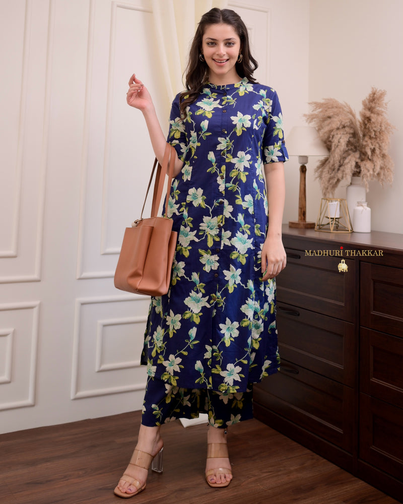 Indigo Blue Floral Cotton Kurta Set