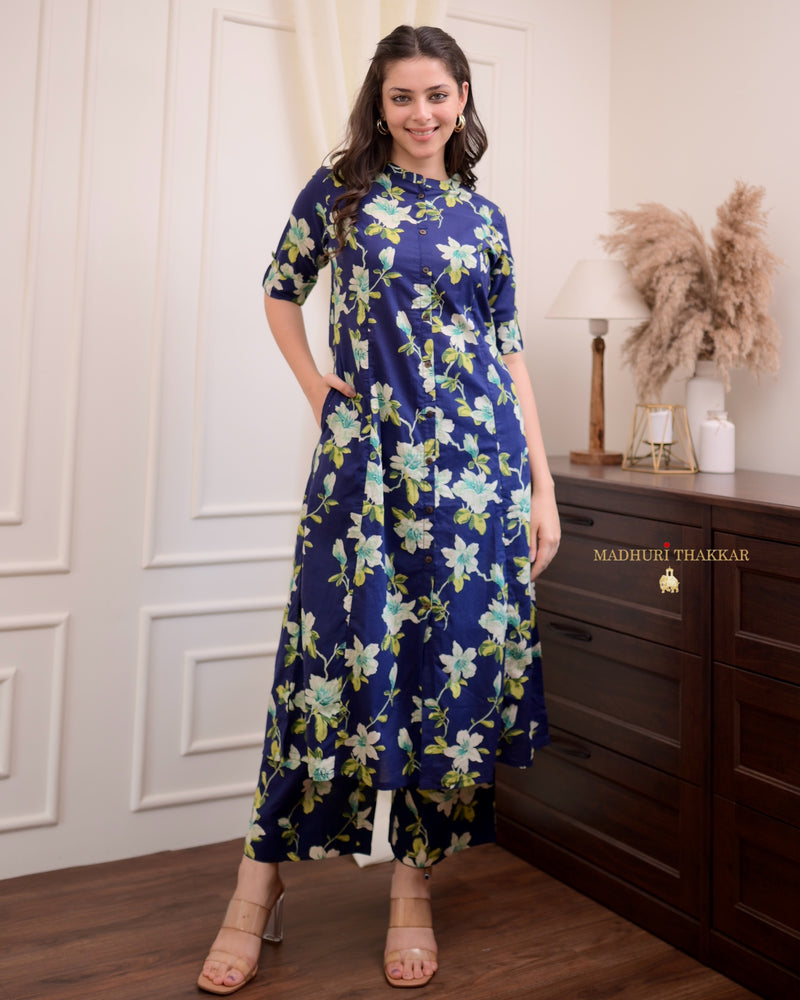 Indigo Blue Floral Cotton Kurta Set