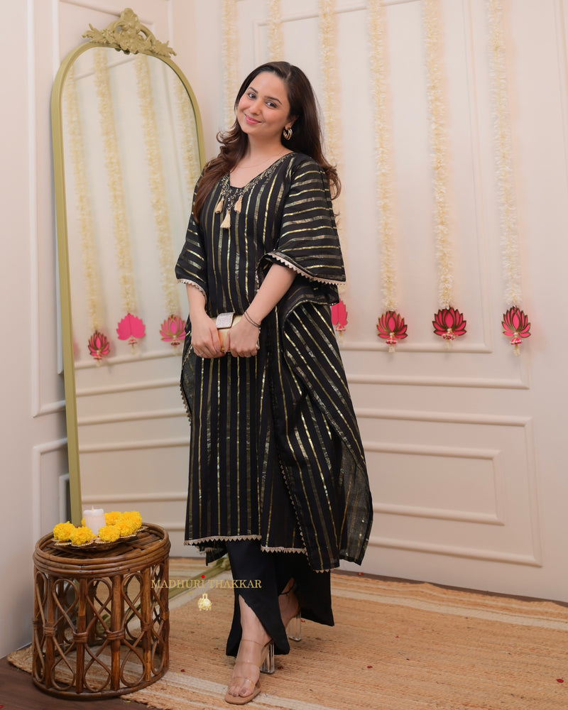 Black Striped Handwork Cotton Kaftan Set