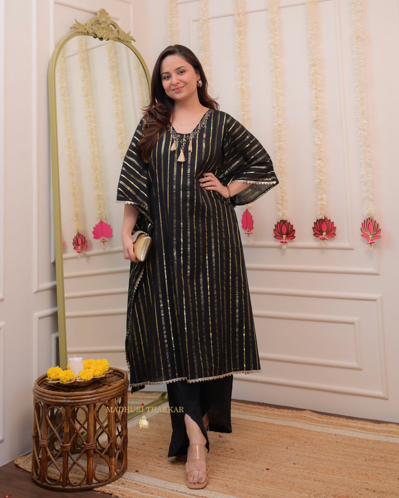 Black Striped Handwork Cotton Kaftan Set