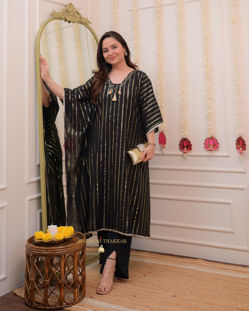 Black Striped Handwork Cotton Kaftan Set