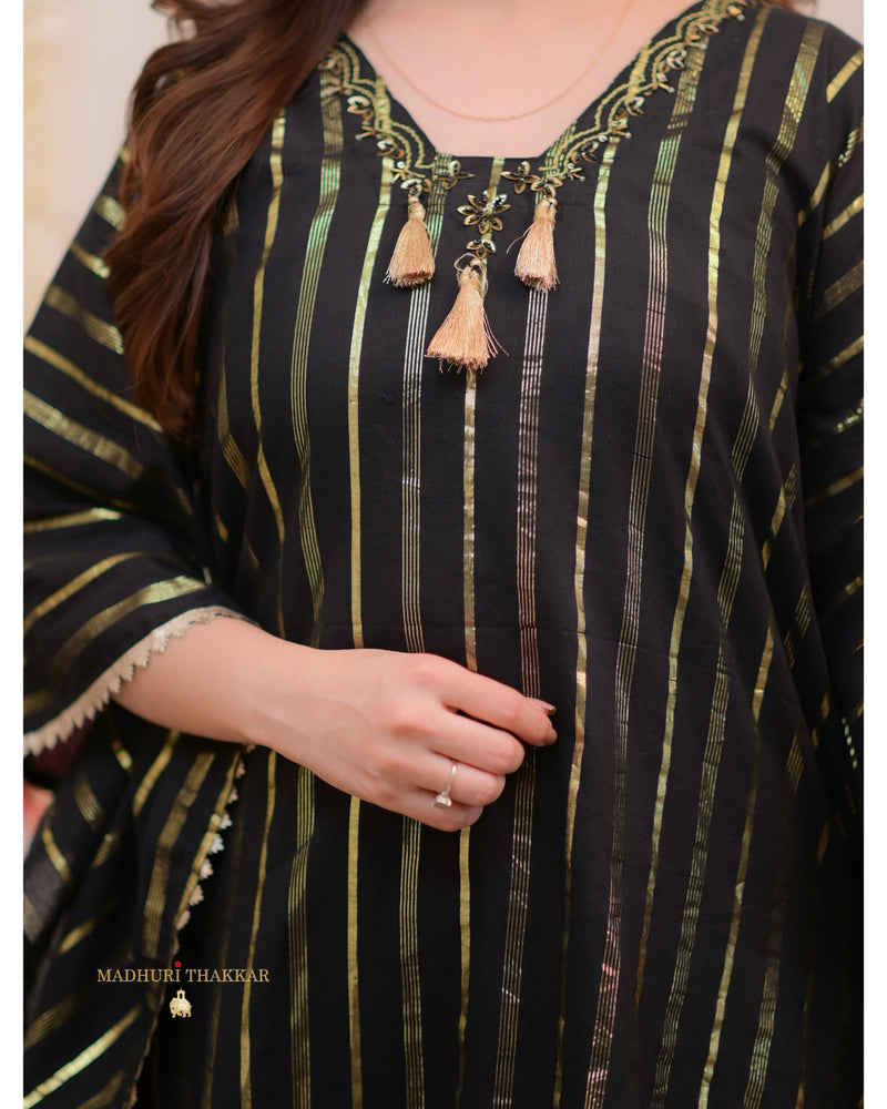 Black Striped Handwork Cotton Kaftan Set