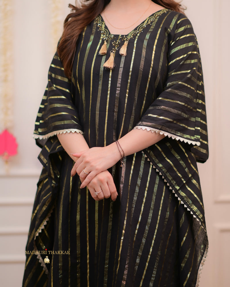 Black Striped Handwork Cotton Kaftan Set