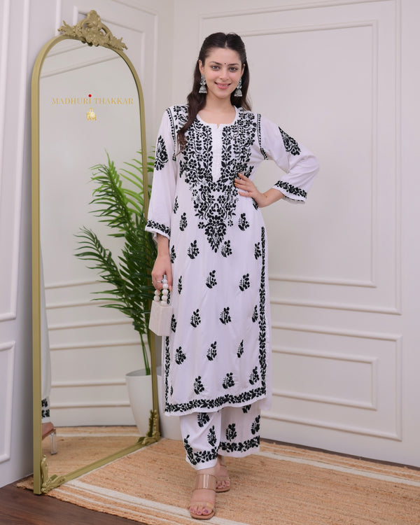 White Cotton Chikankari Kurta Palazzo Set