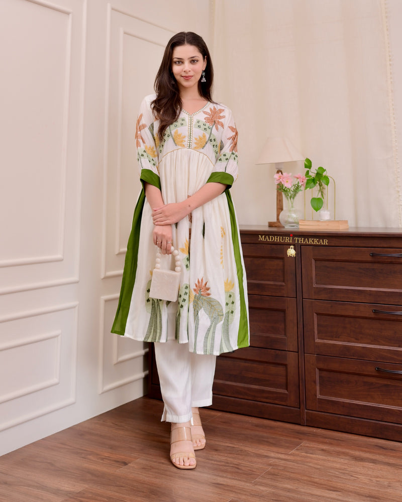 Ivory Green Threadwork Cotton Silk Aline Suit