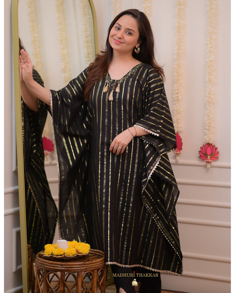 Black Striped Handwork Cotton Kaftan Set