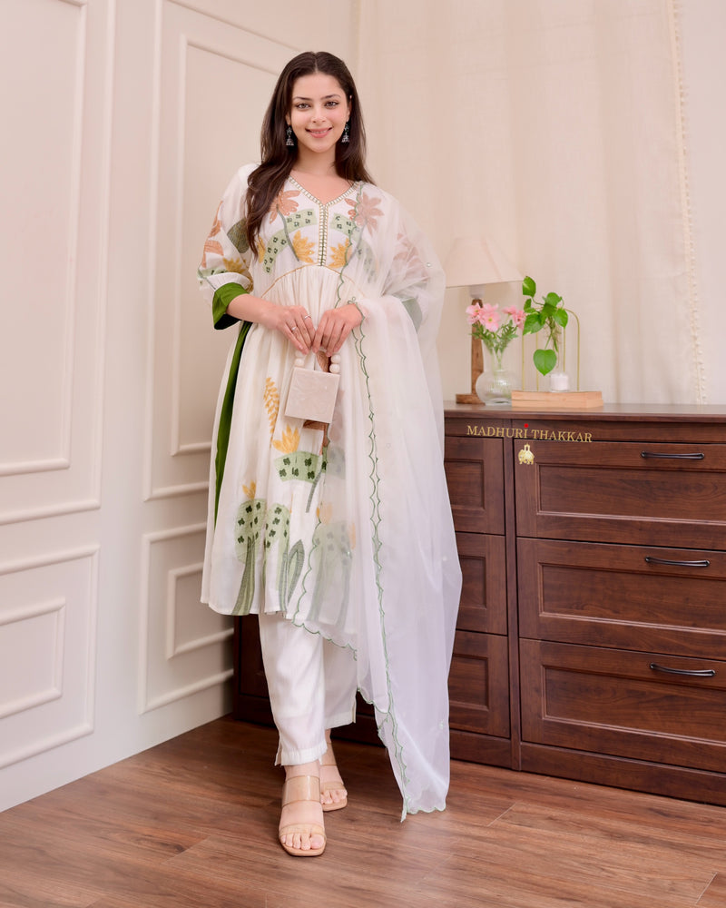 Ivory Green Threadwork Cotton Silk Aline Suit