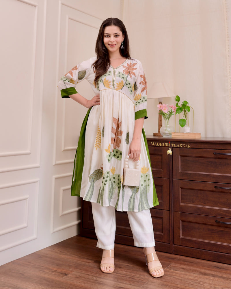 Ivory Green Threadwork Cotton Silk Aline Suit