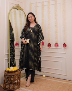 Black Striped Handwork Cotton Kaftan Set