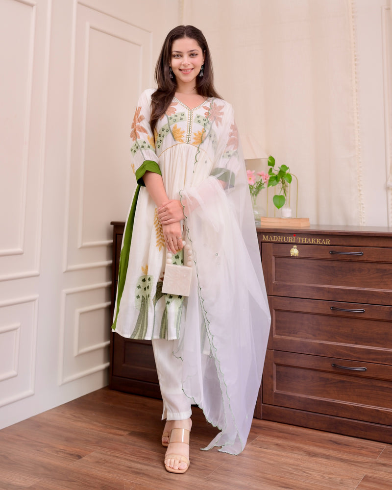 Ivory Green Threadwork Cotton Silk Aline Suit