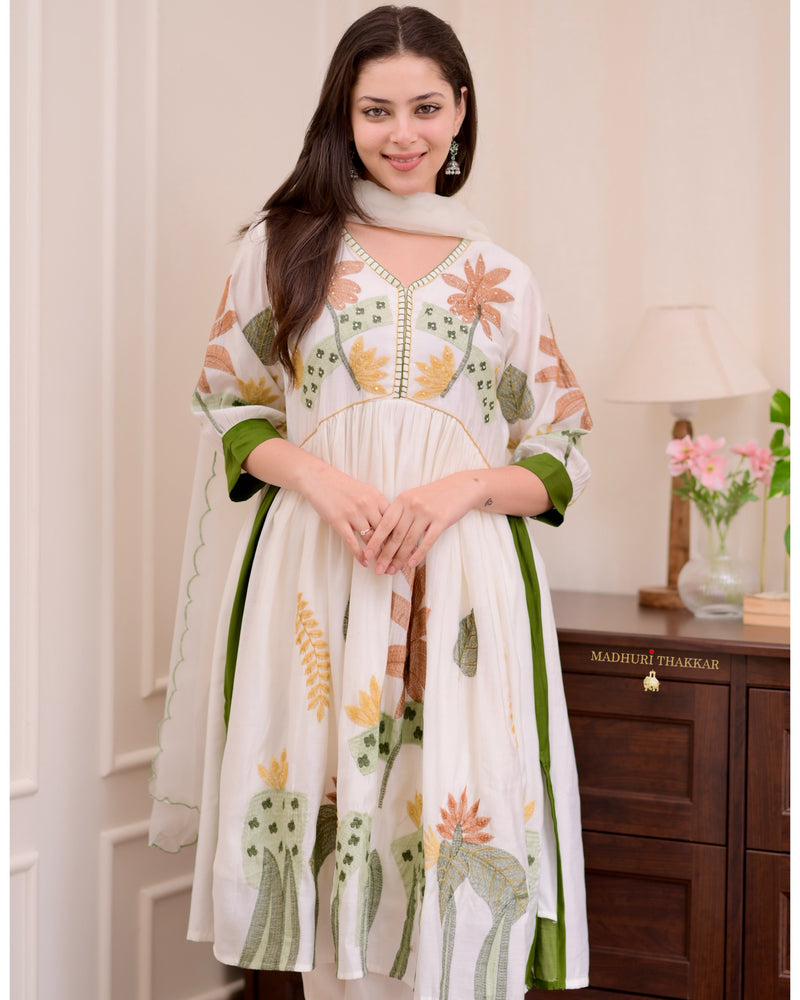 Ivory Green Threadwork Cotton Silk Aline Suit