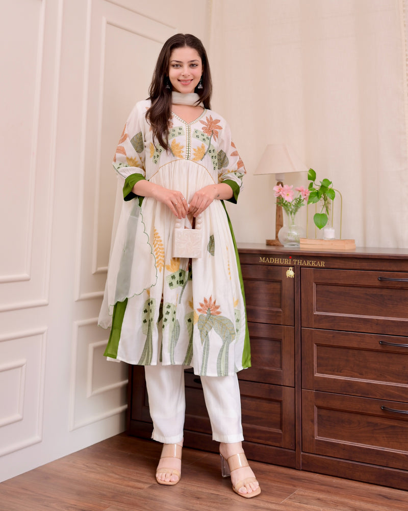 Ivory Green Threadwork Cotton Silk Aline Suit