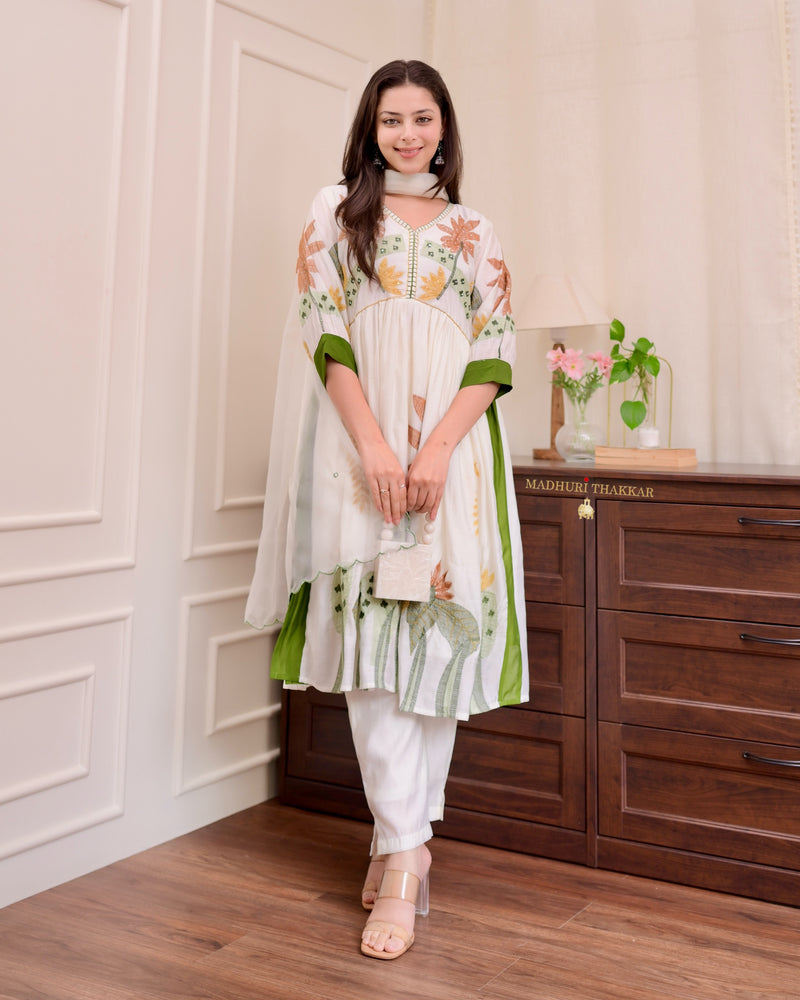 Ivory Green Threadwork Cotton Silk Aline Suit