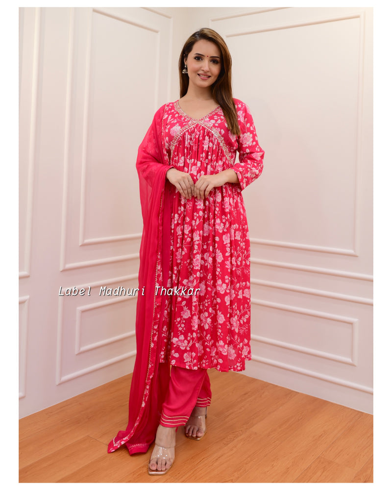 Pink Alia Pearl Work Muslin Suit